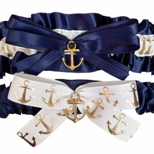 Navy Blue Satin White Wedding Bridal Garter Set - Gold Anchor Charm
