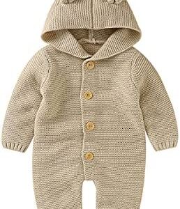 Newborn Baby Bear Sweater Romper Winter Outfits Knitted Bunny Ears Hooded Jumpsuit Warm Clothes Outwear for Girls Boys