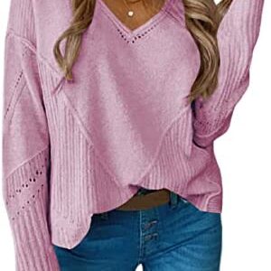 Niceyi Women's Casual Knitwear Pullover Sweater Soild Color V-Neck Loose Long Sleeve Knit Jumper Tops