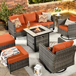 OVIOS Patio Furniture Set 7 PCS Outdoor Wicker Rattan Sofa Set with 360 Degree Swivel Rocking Chairs 30 Inch Gas Fire Pit Table Garden Backyard Porch (Orange Red-Grey)