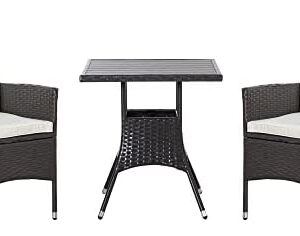 Outsunny Patio Porch Furniture Set 3 Piece PE Rattan Wicker Reclining Chairs with Coffee Table, Arm Rests, Cushions, Faux Wood Tabletop, Conversation Set for Garden, Backyard, Balcony, Cream White
