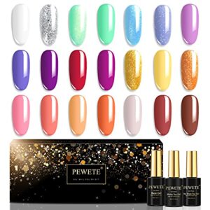PEWETE Gel Nail Polish Kit, Spring Summer Series 24 Pcs White Gold Sliver Blue Yellow Purple Pink Gel Polish Set with Glossy & Matte Gel Top Coat Base Coat Soak Off Nail Lamp Christmas Gifts New Year Set …