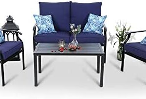 PHI VILLA 4 Piece Patio Sets, Outdoor Metal Furniture Patio Conversation Set Clearance with Padded Deep Seating Sofa, 1 Loveseat, 2 Armrest Sofa Chairs, 1 Coffee Table & 4 Free Pillow, Navy Blue