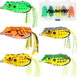 PLUSINNO Topwater Frog Fishing Lures for Bass, Super Soft Resilient Hollow Bass Lures, 5 Pack Realistic Popping Frogs Bait Lures Kit with Tackle Box for Trout Pike Freshwater Saltwater Fishing