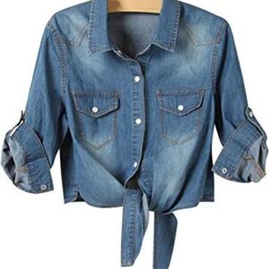 PUWEI Women's Denim Shirts Casual Button Up 3/4 Sleeve Tie Front Jean Crop Tops