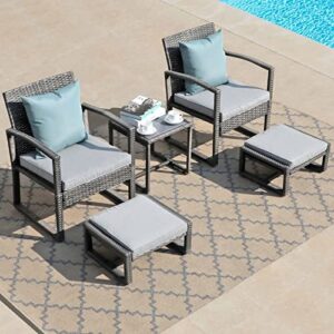 Patiorama 5 Piece Outdoor Patio Wicker Furniture Set, All Weather Grey PE Rattan Chair and Ottoman Footstool Set, W/Coffee Table, Cushions (Light Grey) for Garden, Balcony, Porch, Space Saving Design