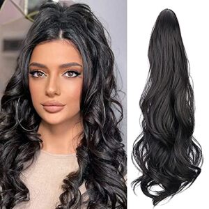 Ponytail Extension, DeeThens 20 Inch Ponytail Extension Claw Clip in Wave Black Hairpieces Long Curly Synthetic Ponytail extensions for Women (2#)