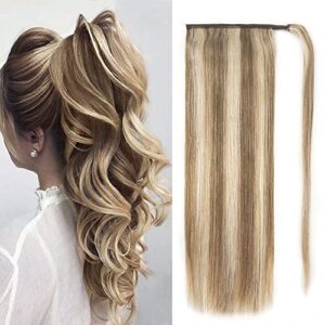 Ponytail Extension Human Hair Clip on Ponytail Hair Extension 100% Real Remy Human Hair Wrap Around Ponytail Long Straight Ponytail Hairpiece Pony Tails Hair Extensions (16inch, P10/613(Light Brown and Bleach Blonde))