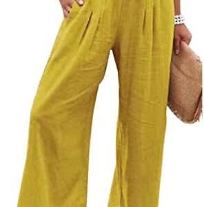RAMOUG Women's Linen Pocketed Smocked High Waist Wide Leg Pajama Lounge Palazzo Pants