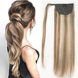 RECOOL Ponytail Extension Human Hair Light Brown with Bleach Blonde Wrap Around Clip in Ponytail Hair Extensions Hair Piece Real Remy Human Hair Ponytail Extension for Women Long Straight(14 inch)