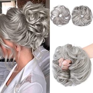 REECHO Thick 2PCS Updo Messy Hair Bun Curly Wavy Ponytail Extensions Hairpieces Hair Scrunchies Wraps Chignon for Women Girls (Plus Limited Hair Bun with Longer Hair Length, Grey/Brown/Silver/White Mixed)