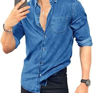 Runcati Mens Denim Shirt Long Sleeve Casual Button Down Regular Fit Jean Work Durable Shirt with Chest Pocket