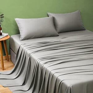 SAKIAO 100% Bamboo King Size Bed Sheets Set- Cooling Sheets 1800 Thread Count Super Soft Silk Feel Wrinkle Free,All Seasons,Sheet & Pillowcase Sets Fit 16-20 Inch Deep Pocket (Gray, King)