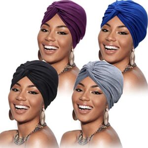 SATINIOR 4 Pieces Turbans for Women Soft Pre Tied Knot Fashion Pleated Turban Cap Beanie Headwrap Sleep Hat, 4 Colors