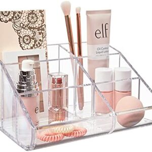 STORi Clear Plastic Vanity Makeup Organizer | 6-Compartment Holder for Brushes, Eyeshadow Palettes, & Beauty Supplies | Curved Front Design | Made in USA