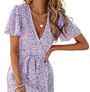 SheIn Women's Floral Tie Front Ruffle Mini Dress V Neck Short Sleeve A Line Flare Dresses