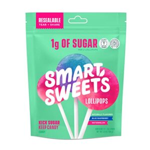 SmartSweets Lollipops, Blue Raspberry & Watermelon, Hard Candy with Low Sugar (1g), Low Calorie (60), No Artificial Sweeteners, Vegan, Gluten-Free, Non-GMO, Healthy Snack for Kids & Adults, 3oz