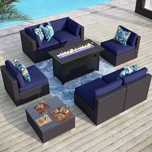 Sophia & William 8 PCS Patio Furniture Set with 45-Inch Fire Pit Table All-Weather Rattan Patio Conversation Set Outdoor Sectional Sofa w/Coffee Table, CSA Approved Propane Fire Pit(Navy Blue)