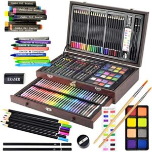 Sunnyglade 145 Piece Deluxe Art Set, Wooden Art Box & Drawing Kit with Crayons, Oil Pastels, Colored Pencils, Watercolor Cakes, Sketch Pencils, Paint Brush, Sharpener, Eraser, Color Chart (Cherry)
