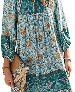 TEMOFON Women's Boho Dress Summer Mini Floral 3/4 Long Sleeve V Neck Flowy Loose Casual Beach Dresses