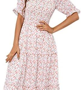 TEMOFON Women's Floral Print Dresses Square Neck Short Sleeve Dress Casual Flowy Midi Dresses S-XL