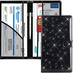 TOURSUIT Vehicle Insurance and Registration Holder for Car, Girly Interior Bling Car Accessories for Women Teens, Leather Glove Compartment Organizer, Auto License Card Document Wallet (Glitter Black)
