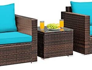 Tangkula 3 Pieces Patio Furniture Set, Outdoor Conversation Rattan Furniture Set w/Washable Cushion and Tempered Glass Tabletop, PE Rattan Wicker Sofa Set for Garden Poolside Balcony (Turquoise)