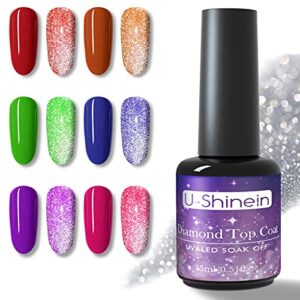 U-Shineing 15ml Glitter Top Coat, Diamond Top Coat Gel Reflective No Wipe Nail Top Coat Sparking No Wipe Top Coat Nail Polish Top Coat Gel Nail Manicure Art DIY Salon Use