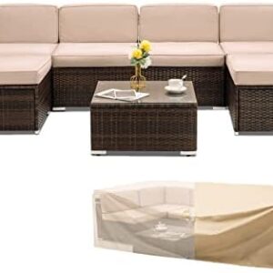 UDPATIO Outdoor Patio Furniture Sets 7 Pieces Outdoor Sectional Couch, PE Rattan Sofa Wicker Patio Conversation Sets with Cover for Deck Balcony Yard Poolside w/Coffee Table Thickened Cushions, Khaki
