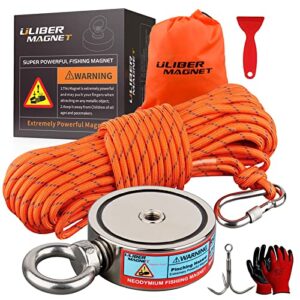 ULIBERMAGNET Double Sideds Fishing Magnet Kits Super Strong, Combined 880lb N52 Neodymium Heavy Duty Magnet Fishing Starter with Rope,Claw,Gloves for Magnetic Fishing and Treasure Hunting Under Water