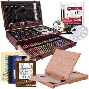 U.S. Art Supply 163-Piece Mega Deluxe Art Painting, Drawing Set in Wood Box, Desk Easel - Artist Painting Pad, 2 Sketch Pads, 24 Watercolor Paint Colors, 24 Oil Pastels, 24 Colored Pencils, 60 Crayons