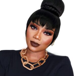 VAVANGA Hair Bun and Bang Set 2pcs, Synthetic Quick Bun N Bang Clip in China Bang Hair Clip on Hair Piece Bun with Bangs for Black Women(#1B, J072)
