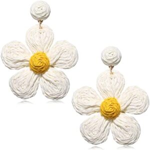 Vogueknock Rattan Earrings for Women Statement Boho Raffia Straw Wrapped Flower Drop Dangle Earrings Summer Tropical Beach Jewelry