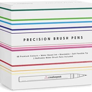 Watercolor Brush Pens - 48 Vibrant Coloring Pens & 2 Blending Brushes - Premium Quality Art Supplies Featuring Soft, Real Tip - Perfect for Calligraphy, Lettering, Adult Coloring - Creativepeak™