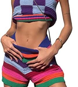 Women 2Pcs Knitted Outfits Set Spaghetti Strap Knitt Crop Tops+High Waist Shorts Set Casual Tracksuit