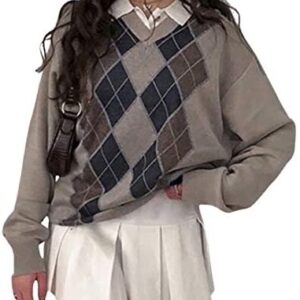Women Check Knit Sweater Cardigans Y2K Knitwear V Neck Long Sleeve Crop Tops Casual Pullover