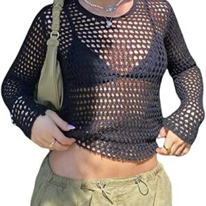 Women Hollow Out Crochet Knit Sweater Vintage Y2K Cover Up Tops Trendy Long Sleeve Pullover Shirt See Through Knitwear