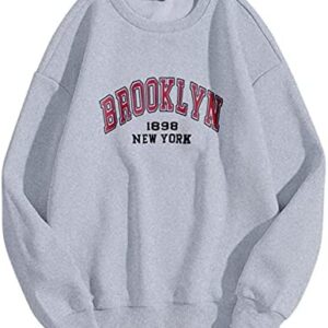 Women Oversized Brooklyn New York Letter Print Graphic Fleece Sweatshirt Crewneck Long Sleeve Pullover Jacket