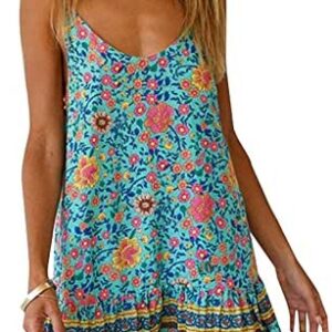 Womens Boho Floral Printed Dress Summer Sleeveless Adjustable Strap Beach Mini Dress with Pockets
