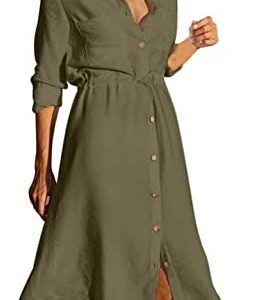 Women's Casual Long Sleeve Linen Button Down Dress Waist Drawstring Maxi Dresses Beach Flowy Sun Dress with Pocket