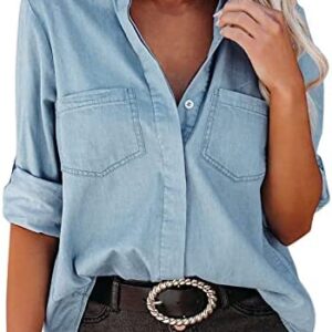 Womens Long Sleeve Button Down Denim Blouse Loose Fit Lapel V Neck Denim Shirt Distressed Jeans Pocket Tops