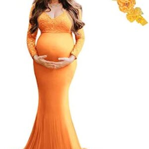 Women's Long Sleeve Off Shoulder Lace Maternity Dress for Photography Baby Shower with Flower Sash Belt for Photoshoot