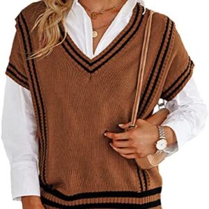 Women's Sleeveless Sweater Vest Plaid Geo Chunky Cable Knit Sweater Crop Top V Neck Knitwear Tank Tops (Dark Brown,Small)