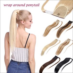Wrap Around 100% Remy Human Hair Ponytail Extension Thick Long Straight Hairpiece with Comb Clip in One Piece Magic Paste Pony Tail For Fashion Women 14''/14 inch 80g #4 Medium Brown
