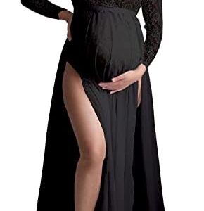 ZIUMUDY Long Sleeve Lace See-Through Maternity Gown for Photography with Maxi Chiffon Skirt Photo Shoot Dress