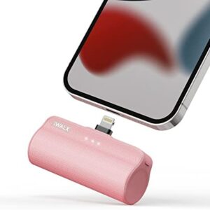 iWALK Mini Portable Charger for iPhone with Built in Cable, 3350mAh Ultra-Compact Power Bank Small Battery Pack Charger Compatible with iPhone 13/12/12 Pro Max/11 Pro/8/7 Airpods,Pink