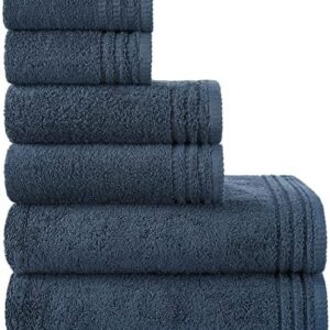 nottoc Towel Sets for Bathroom - Denim Petrol Blue / Set of 6 / 2 Bath Towels + 2 Hand Towels + 2 Washcloths - Turkish Cotton, Soft, Plush, Fluffy, Absorbent, Embroidered, Hotel Quality Towels