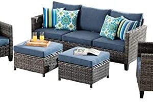 ovios Patio Furniture Set All Weather Outdoor Furniture Sectional Sofa High Back Wicker Rattan Sofa Couch for Yard Backyard Porch (5 PCS, Denim Blue)