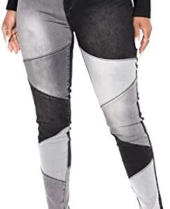 vanberfia Women Mid Waist Stretchy Patchwork Denim Pants Jeans