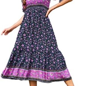 Naggoo Women's Square Neck Bohemian Long Dress Summer Floral Print Ruffle Short Sleeve Beach Party Maxi Dress